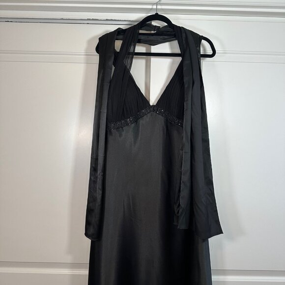 Vintage Aspeed 90s y2K Black Beaded Satin Maxi Dress with Shawl 2XL - Picture 4 of 12
